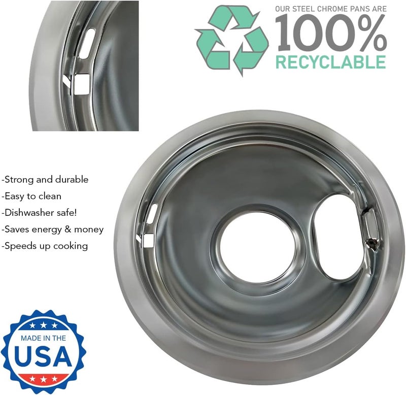 Kitchen Basics 101 Made in the USA 4 Pack (2) 6" & (2) 8" Replacement Chrome Drip Pans for Whirlpool W10278125 W10196405 W10196406 - Image 2